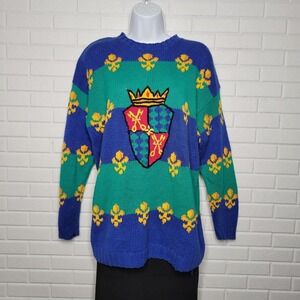 Vtg 80s Picone Sport Cotton Sweater Sz M Fleur de Lis Maximalist Dopamine Baggy